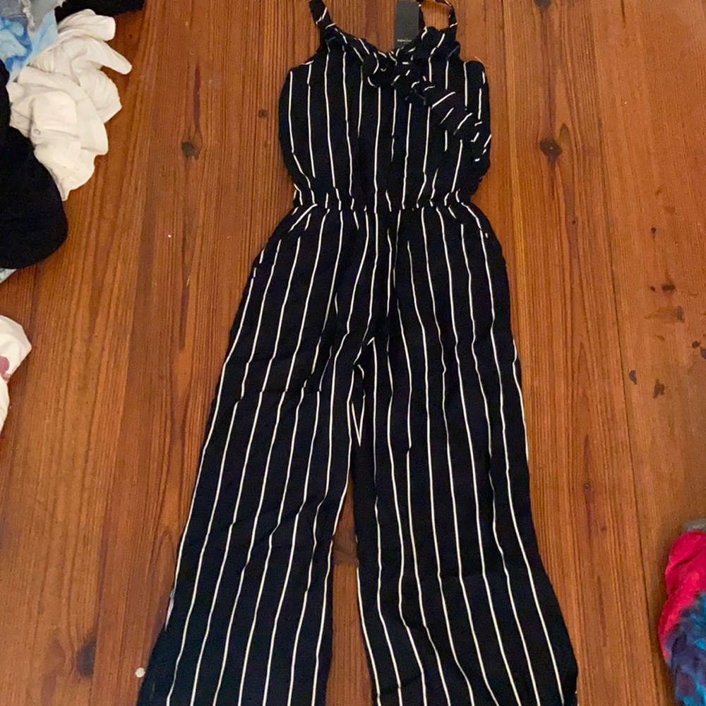navy blue and white striped jumpsuit